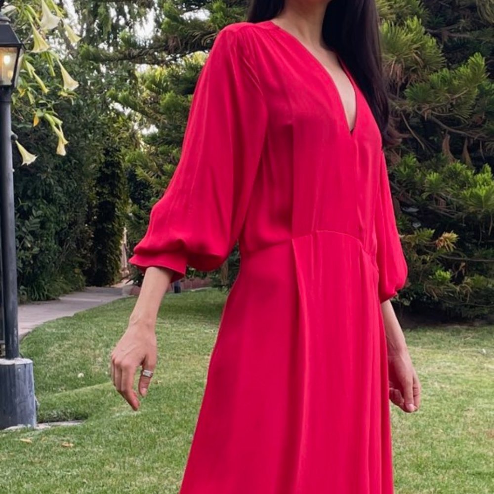 H&M red flowy dress S 100% viscose romantic long sleeve midi maxi